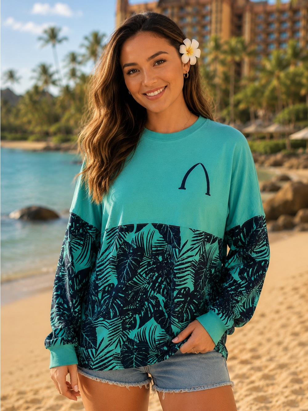 Disney Aulani Hawaii Spirit Jersey Aloha Botanical Leaf Print Teal Size Small